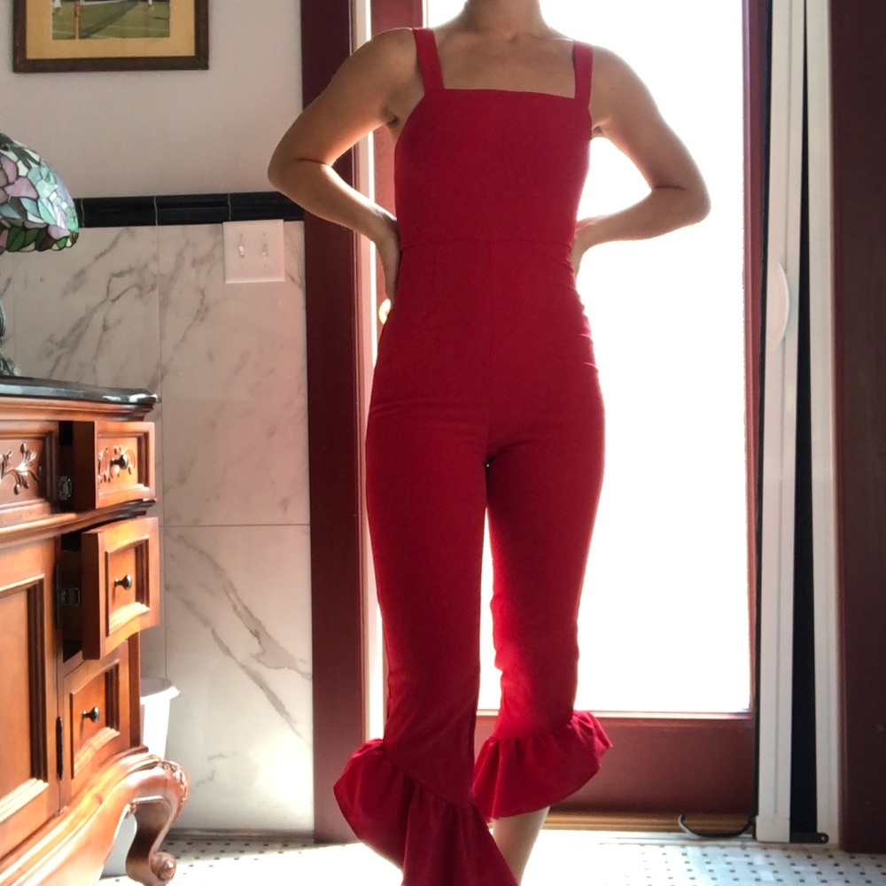 ASOS red one piece with flare bottoms & open back